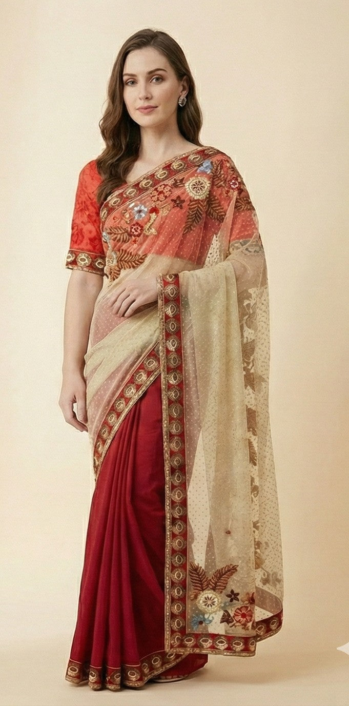 Sanskriti Vintage Red-Pink Pure Georgette Net 5YD Saree Hand Bead Sari Blouse Pc