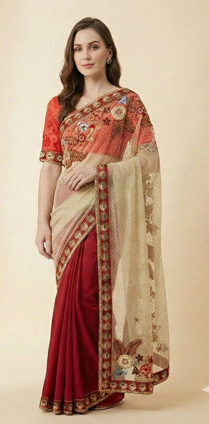 Sanskriti Vintage Red-Pink Pure Georgette Net 5YD Saree Hand Bead Sari Blouse Pc