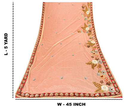 Sanskriti Vintage Red-Pink Pure Georgette Net 5YD Saree Hand Bead Sari Blouse Pc