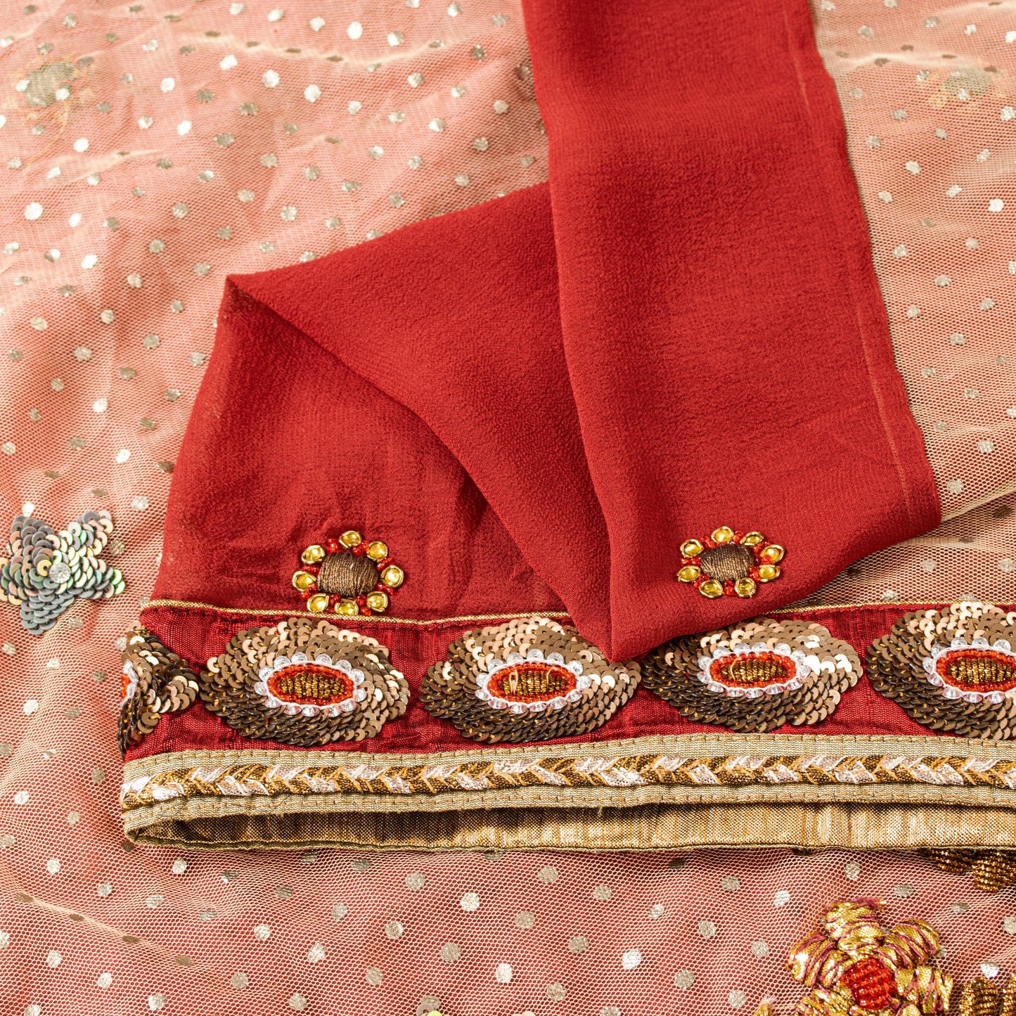 Sanskriti Vintage Red-Pink Pure Georgette Net 5YD Saree Hand Bead Sari Blouse Pc