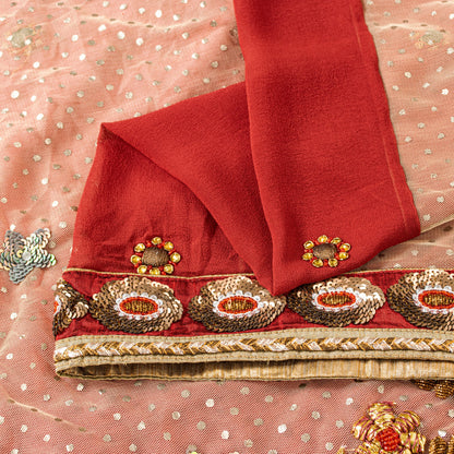 Sanskriti Vintage Red-Pink Pure Georgette Net 5YD Saree Hand Bead Sari Blouse Pc