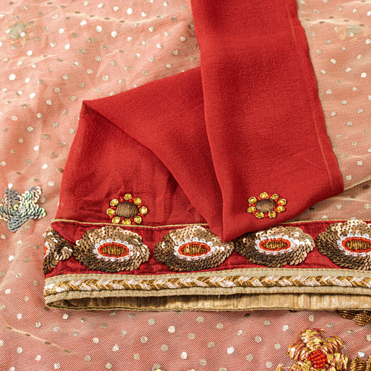 Sanskriti Vintage Red-Pink Pure Georgette Net 5YD Saree Hand Bead Sari Blouse Pc
