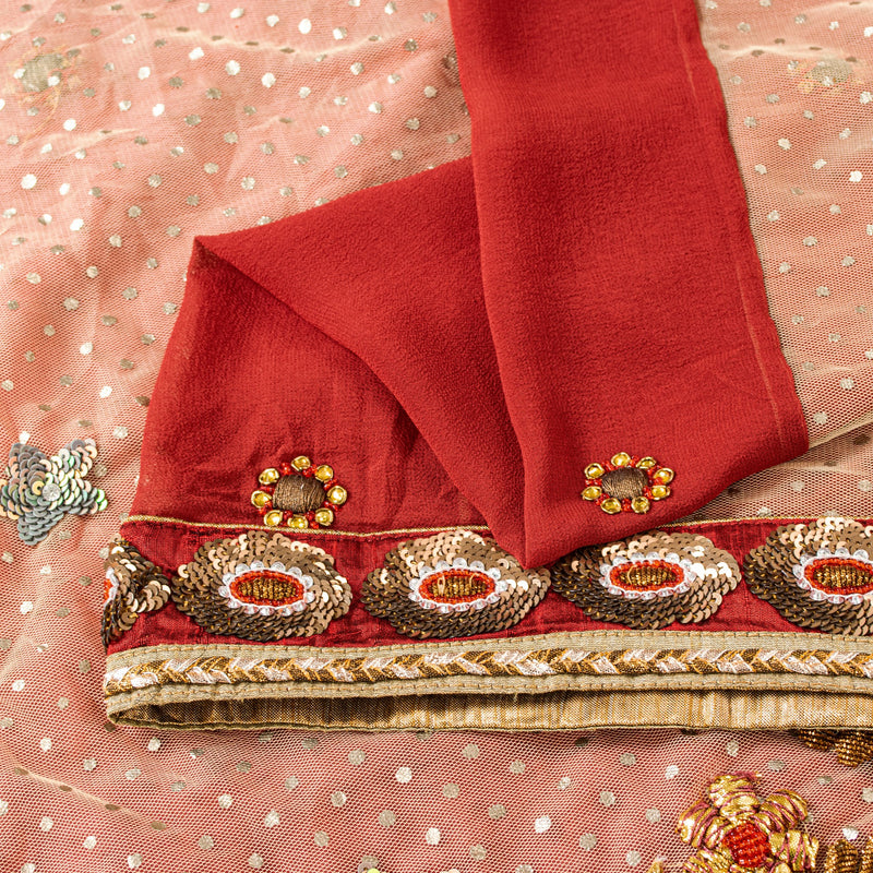 Sanskriti Vintage Red-Pink Pure Georgette Net 5YD Saree Hand Bead Sari Blouse Pc