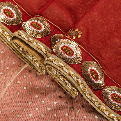 Sanskriti Vintage Red-Pink Pure Georgette Net 5YD Saree Hand Bead Sari Blouse Pc
