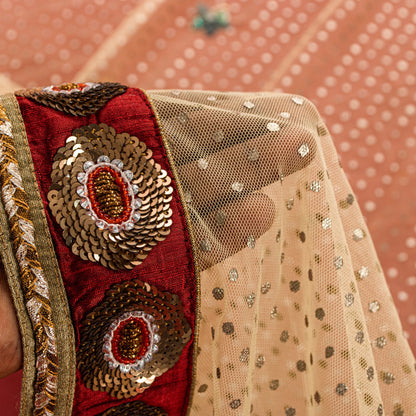 Sanskriti Vintage Red-Pink Pure Georgette Net 5YD Saree Hand Bead Sari Blouse Pc