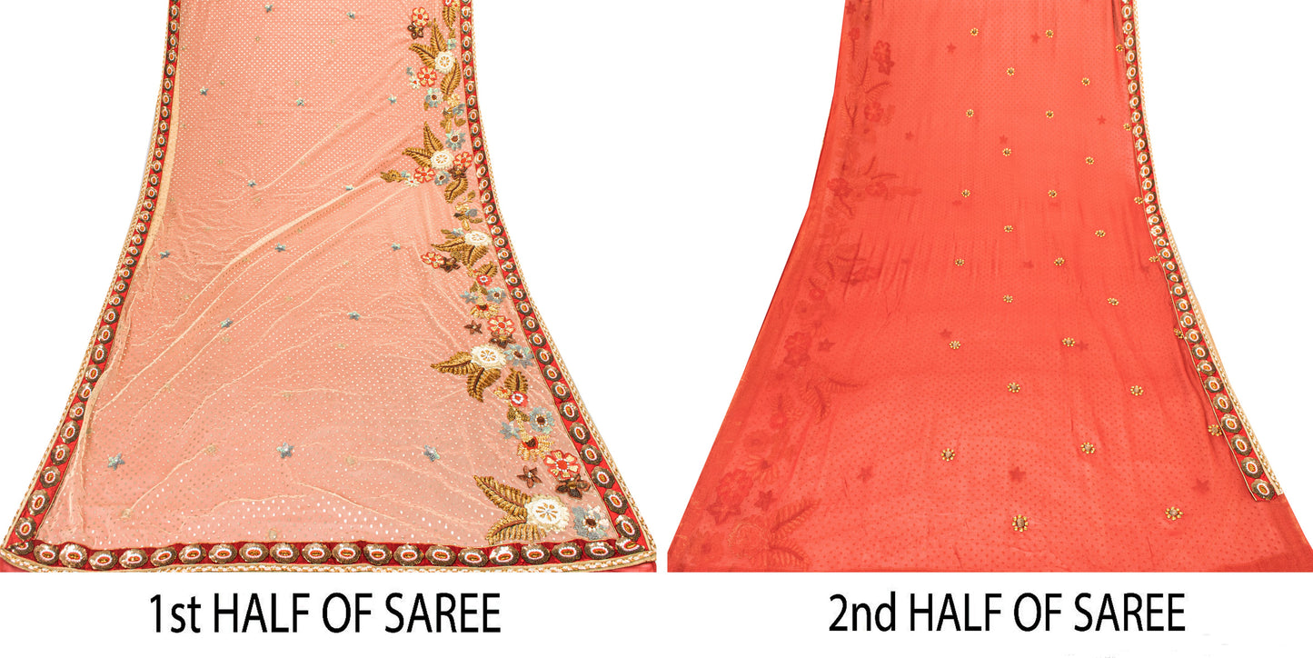 Sanskriti Vintage Red-Pink Pure Georgette Net 5YD Saree Hand Bead Sari Blouse Pc