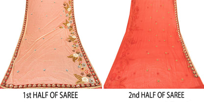 Sanskriti Vintage Red-Pink Pure Georgette Net 5YD Saree Hand Bead Sari Blouse Pc
