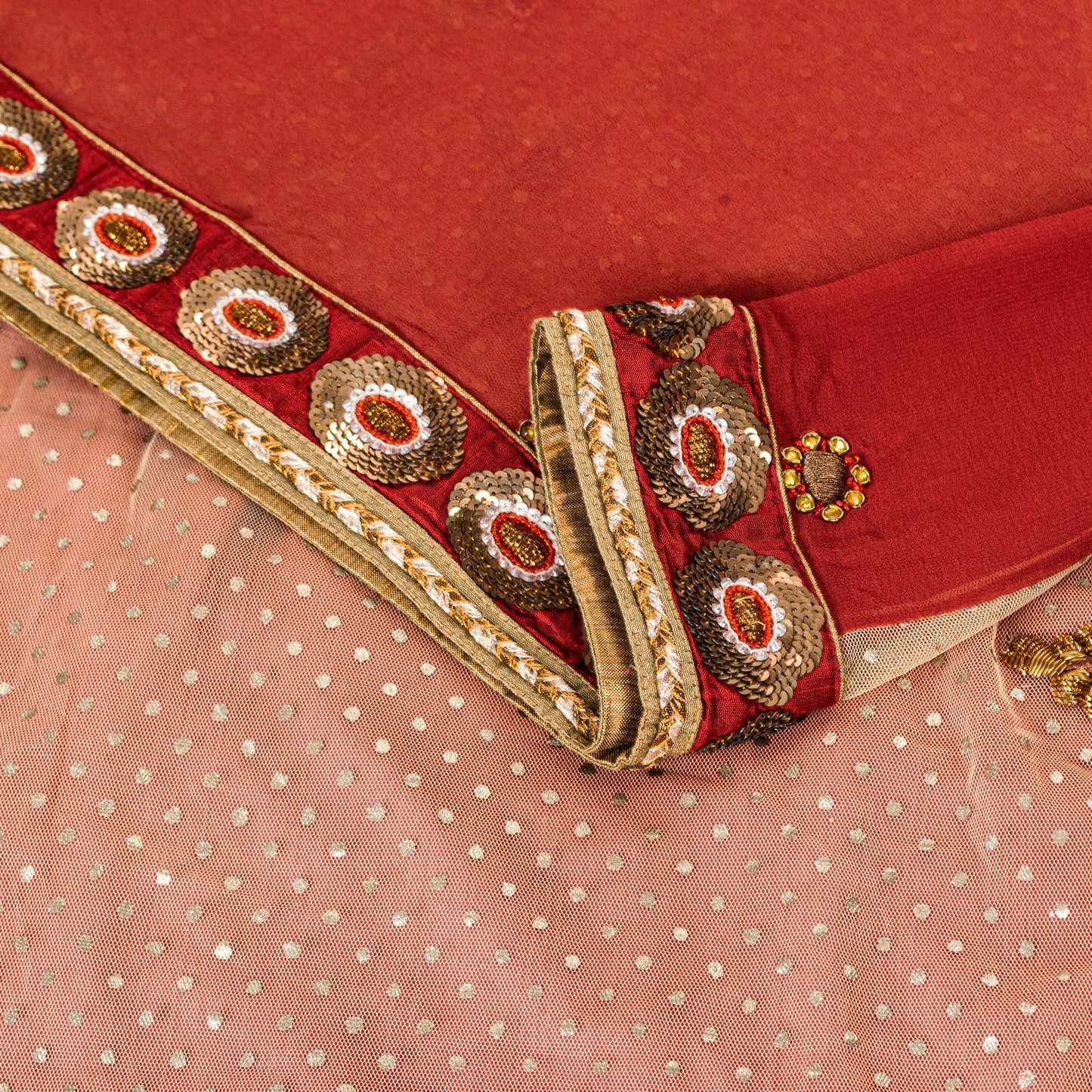 Sanskriti Vintage Red-Pink Pure Georgette Net 5YD Saree Hand Bead Sari Blouse Pc