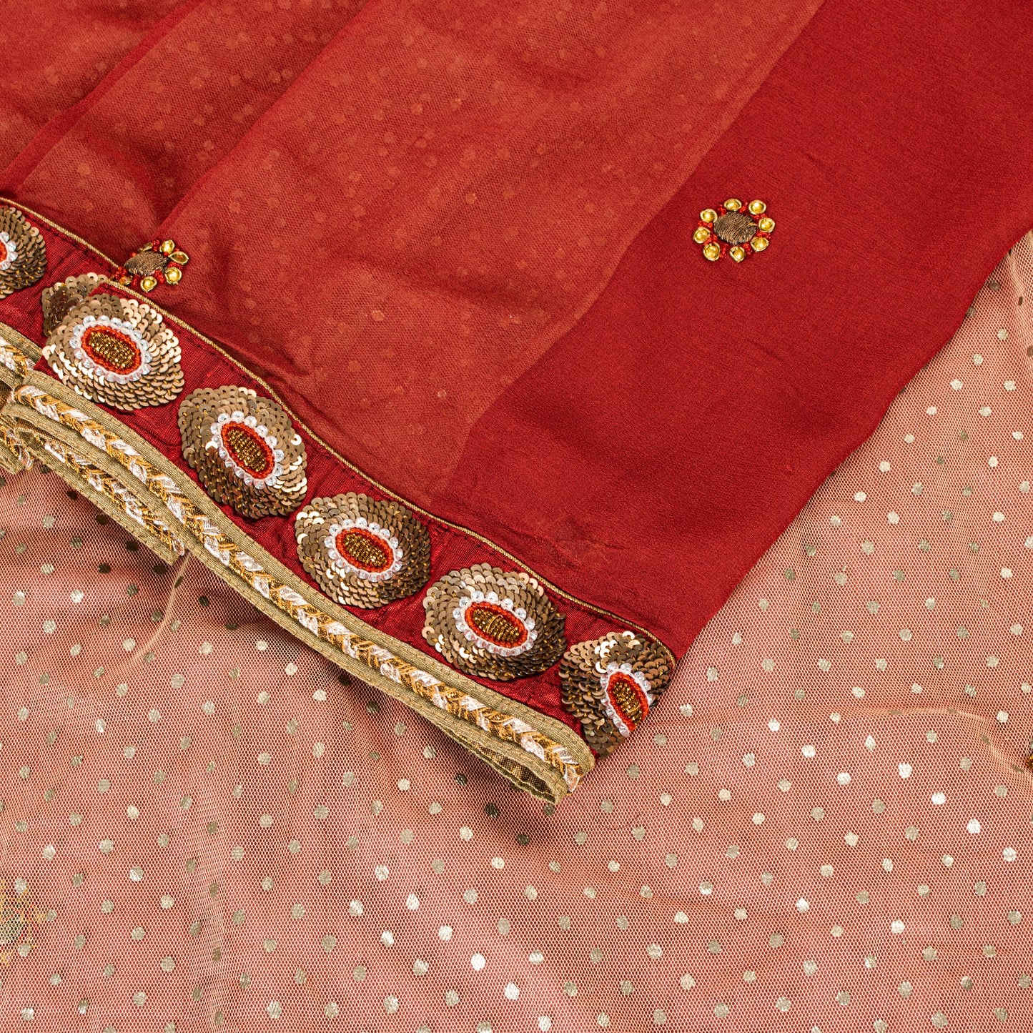 Sanskriti Vintage Red-Pink Pure Georgette Net 5YD Saree Hand Bead Sari Blouse Pc