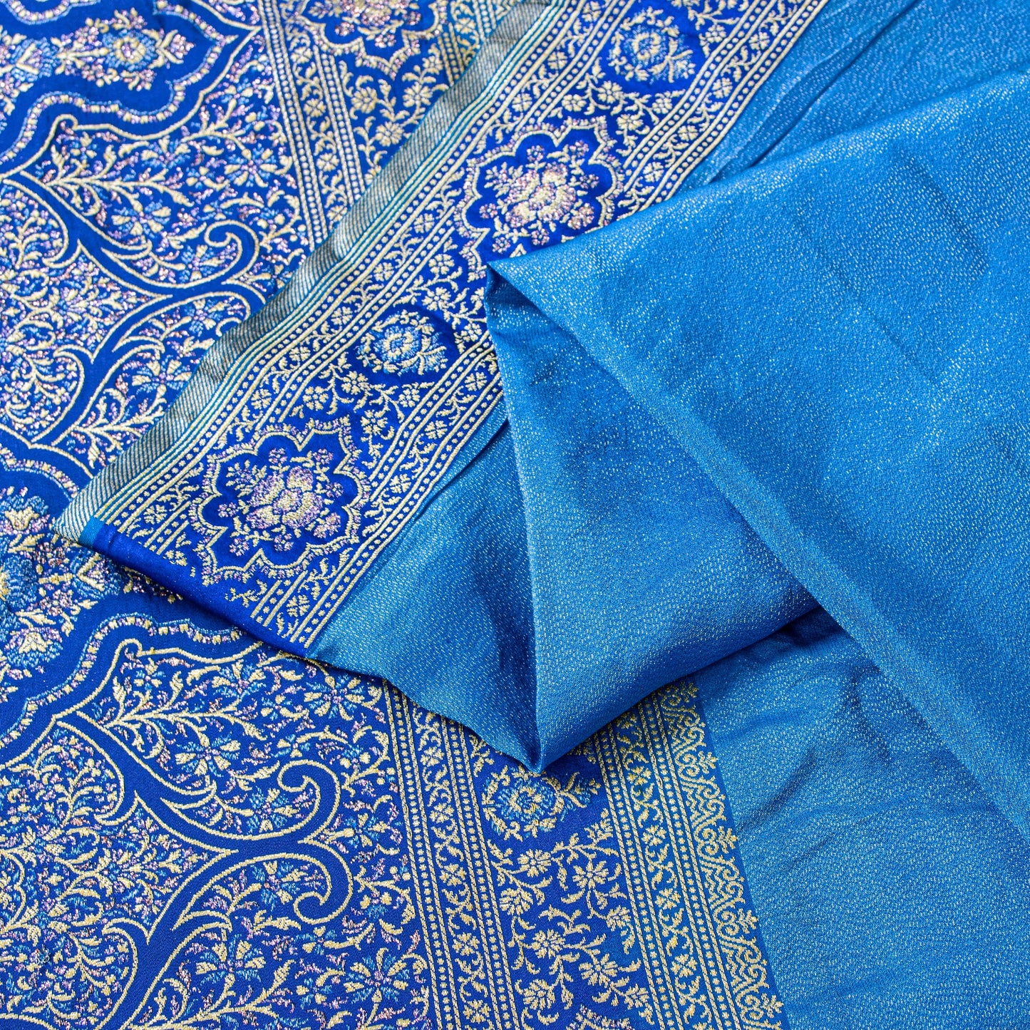 Sanskriti Vintage Blue Pure Silk Saree Brocade Woven 5.+YD Fabric With Blouse Pc