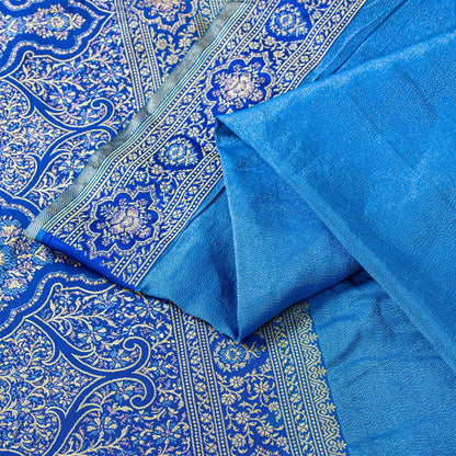 Sanskriti Vintage Blue Pure Silk Saree Brocade Woven 5.+YD Fabric With Blouse Pc