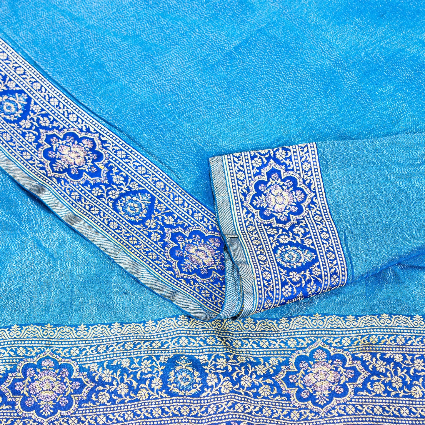 Sanskriti Vintage Blue Pure Silk Saree Brocade Woven 5.+YD Fabric With Blouse Pc