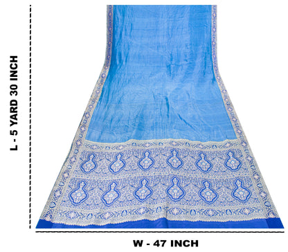 Sanskriti Vintage Blue Pure Silk Saree Brocade Woven 5.+YD Fabric With Blouse Pc