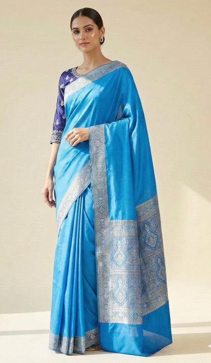 Sanskriti Vintage Blue Pure Silk Saree Brocade Woven 5.+YD Fabric With Blouse Pc