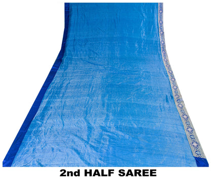 Sanskriti Vintage Blue Pure Silk Saree Brocade Woven 5.+YD Fabric With Blouse Pc
