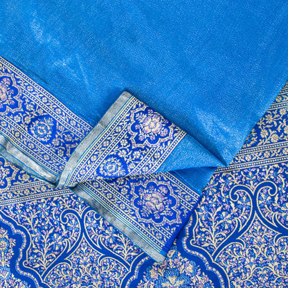 Sanskriti Vintage Blue Pure Silk Saree Brocade Woven 5.+YD Fabric With Blouse Pc