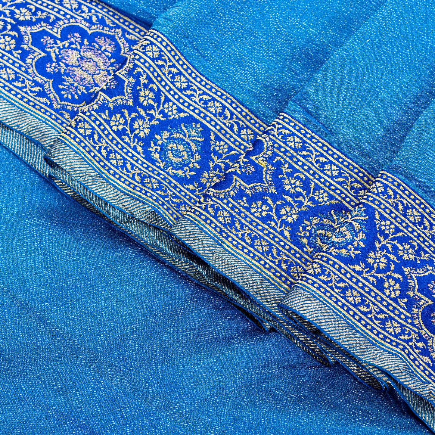 Sanskriti Vintage Blue Pure Silk Saree Brocade Woven 5.+YD Fabric With Blouse Pc