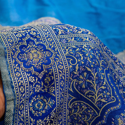 Sanskriti Vintage Blue Pure Silk Saree Brocade Woven 5.+YD Fabric With Blouse Pc