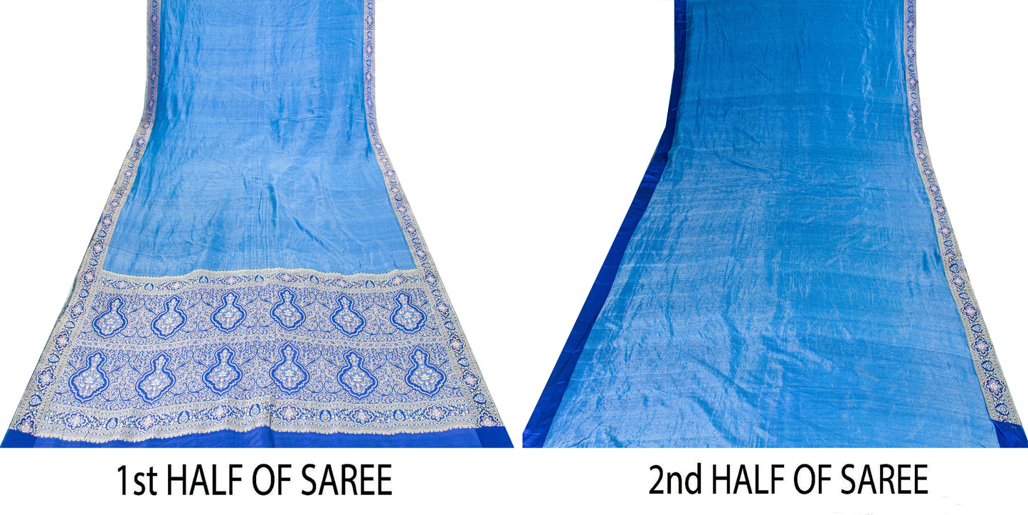 Sanskriti Vintage Blue Pure Silk Saree Brocade Woven 5.+YD Fabric With Blouse Pc