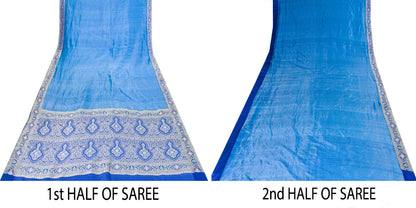 Sanskriti Vintage Blue Pure Silk Saree Brocade Woven 5.+YD Fabric With Blouse Pc