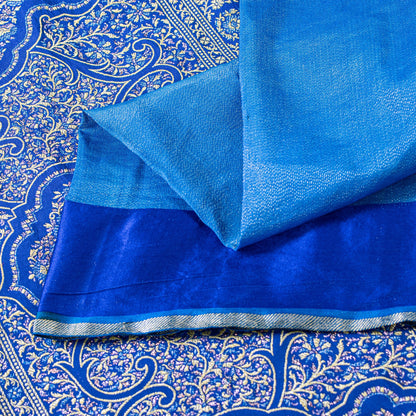 Sanskriti Vintage Blue Pure Silk Saree Brocade Woven 5.+YD Fabric With Blouse Pc