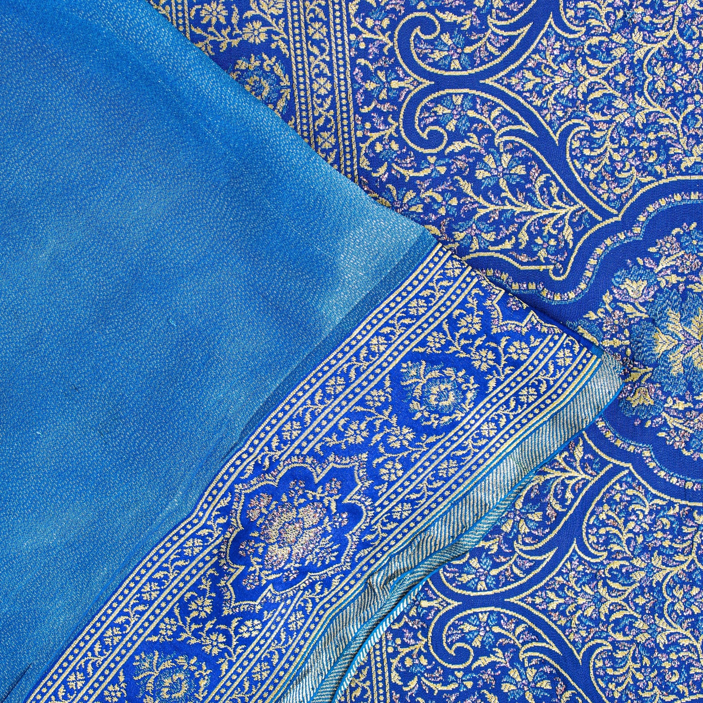 Sanskriti Vintage Blue Pure Silk Saree Brocade Woven 5.+YD Fabric With Blouse Pc
