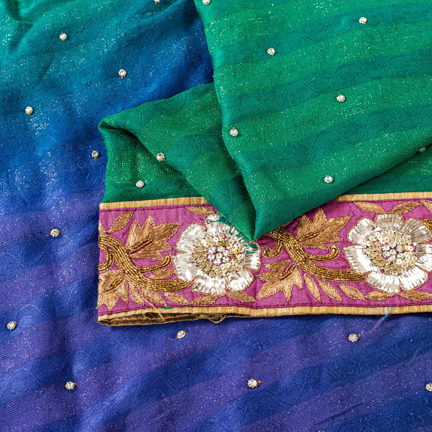 Sanskriti Vintage Green-Blue Saree With Blouse Pc 100% Pure Silk Sarees Hand Beaded Zari Sequins 5.5+D Craft Fabric Home Decor, Upcycled