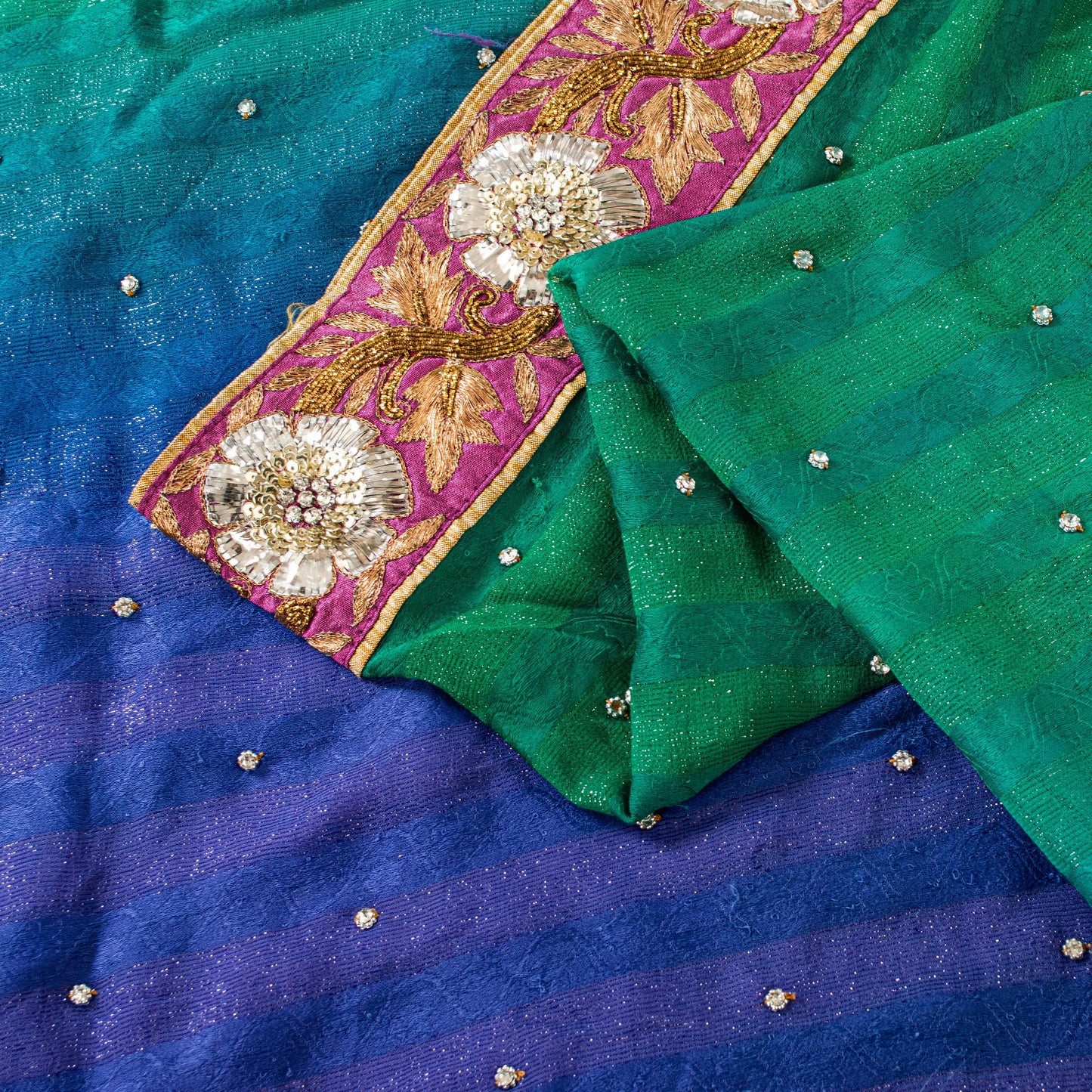 Sanskriti Vintage Green-Blue Saree With Blouse Pc 100% Pure Silk Sarees Hand Beaded Zari Sequins 5.5+D Craft Fabric Home Decor, Upcycled