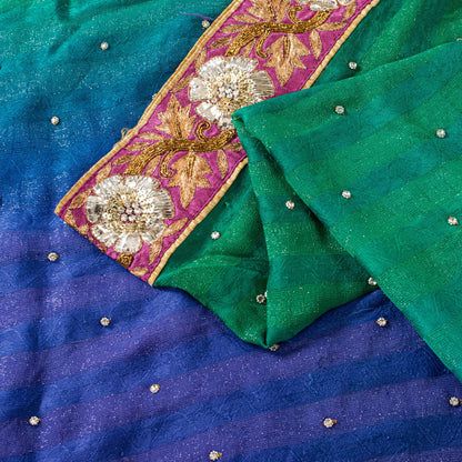 Sanskriti Vintage Green-Blue Saree With Blouse Pc 100% Pure Silk Sarees Hand Beaded Zari Sequins 5.5+D Craft Fabric Home Decor, Upcycled