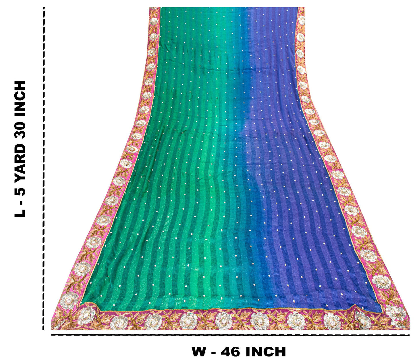 Sanskriti Vintage Green-Blue Saree With Blouse Pc 100% Pure Silk Sarees Hand Beaded Zari Sequins 5.5+D Craft Fabric Home Decor, Upcycled