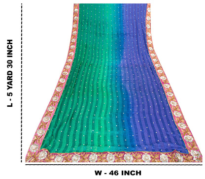 Sanskriti Vintage Green-Blue Saree With Blouse Pc 100% Pure Silk Sarees Hand Beaded Zari Sequins 5.5+D Craft Fabric Home Decor, Upcycled