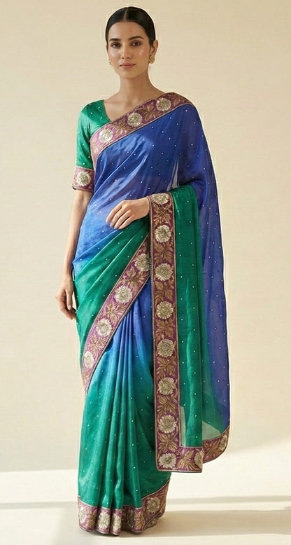 Sanskriti Vintage Green-Blue Saree With Blouse Pc 100% Pure Silk Sarees Hand Beaded Zari Sequins 5.5+D Craft Fabric Home Decor, Upcycled