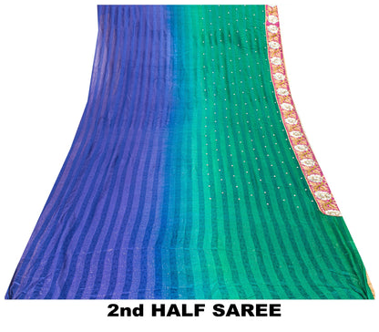 Sanskriti Vintage Green-Blue Saree With Blouse Pc 100% Pure Silk Sarees Hand Beaded Zari Sequins 5.5+D Craft Fabric Home Decor, Upcycled
