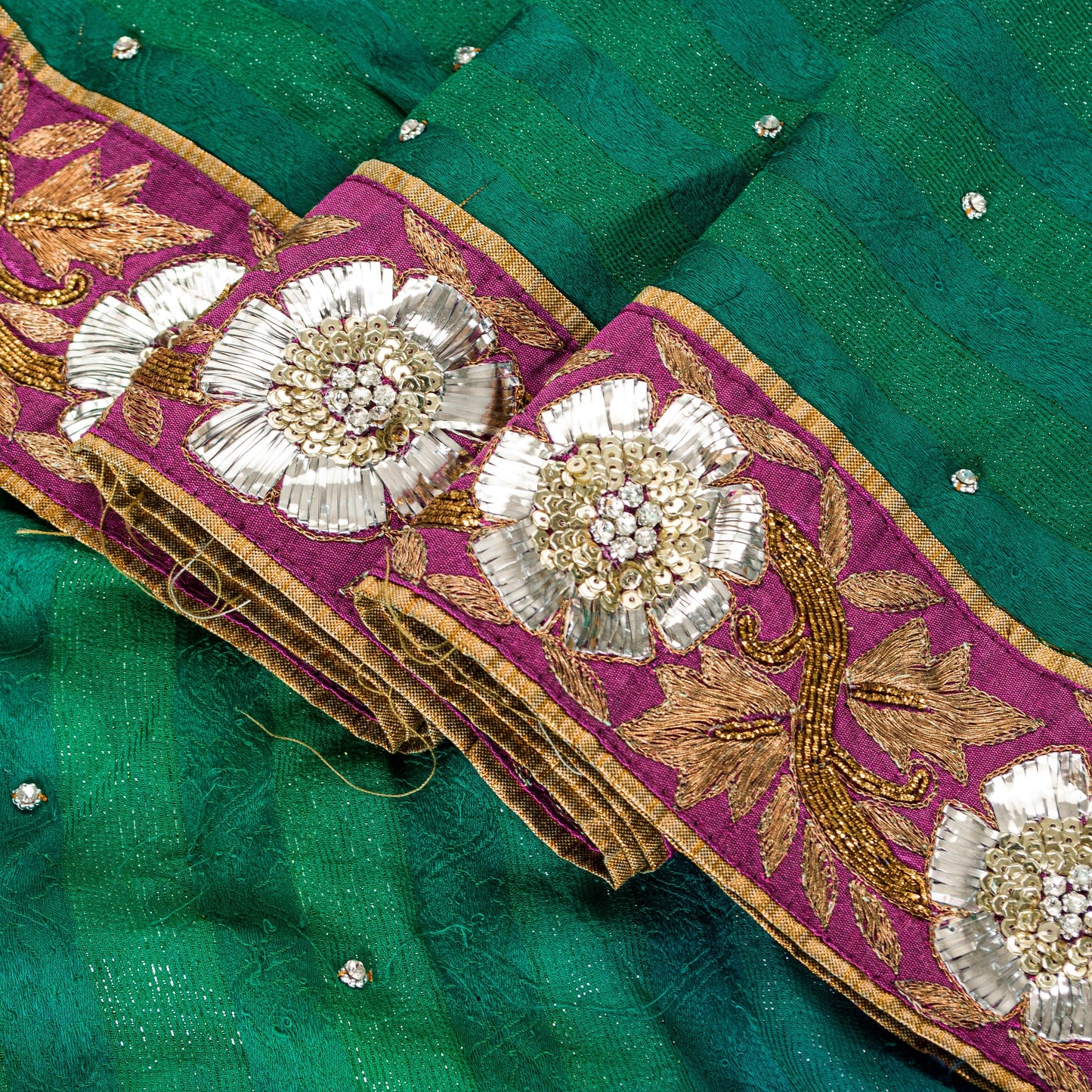 Sanskriti Vintage Green-Blue Saree With Blouse Pc 100% Pure Silk Sarees Hand Beaded Zari Sequins 5.5+D Craft Fabric Home Decor, Upcycled