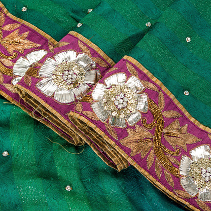 Sanskriti Vintage Green-Blue Saree With Blouse Pc 100% Pure Silk Sarees Hand Beaded Zari Sequins 5.5+D Craft Fabric Home Decor, Upcycled