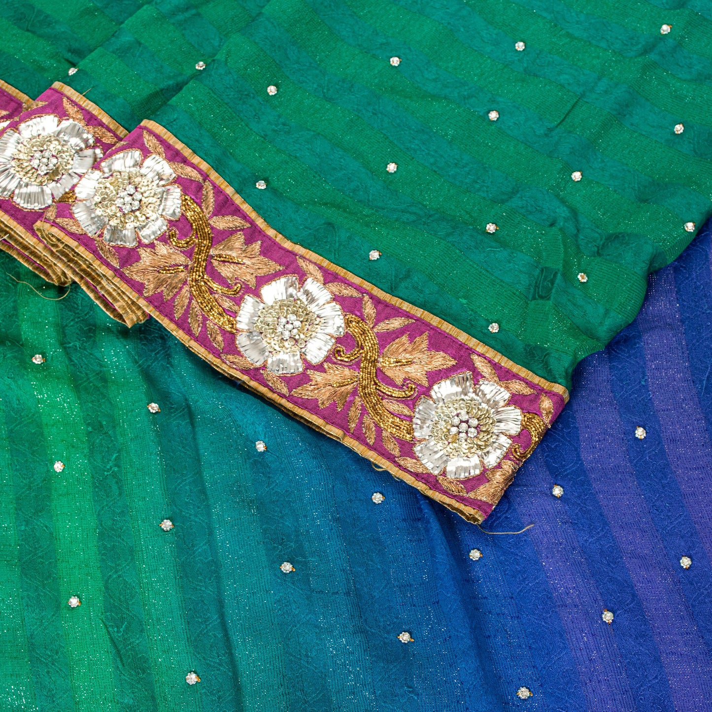 Sanskriti Vintage Green-Blue Saree With Blouse Pc 100% Pure Silk Sarees Hand Beaded Zari Sequins 5.5+D Craft Fabric Home Decor, Upcycled