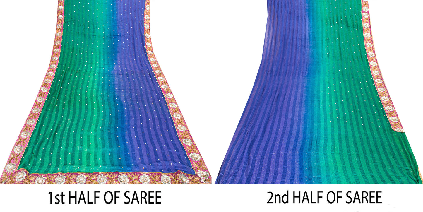 Sanskriti Vintage Green-Blue Saree With Blouse Pc 100% Pure Silk Sarees Hand Beaded Zari Sequins 5.5+D Craft Fabric Home Decor, Upcycled