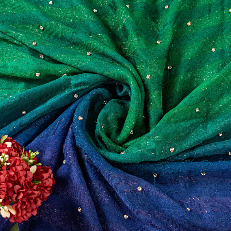 Sanskriti Vintage Green-Blue Saree With Blouse Pc 100% Pure Silk Sarees Hand Beaded Zari Sequins 5.5+D Craft Fabric Home Decor, Upcycled