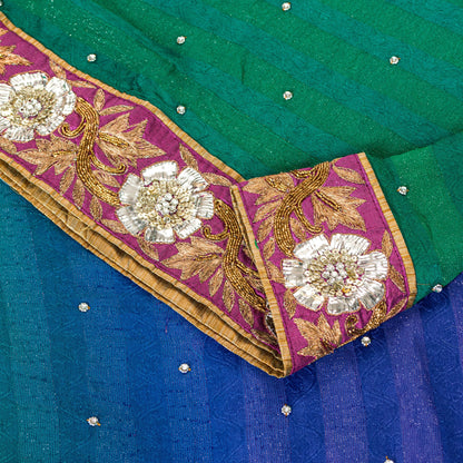 Sanskriti Vintage Green-Blue Saree With Blouse Pc 100% Pure Silk Sarees Hand Beaded Zari Sequins 5.5+D Craft Fabric Home Decor, Upcycled