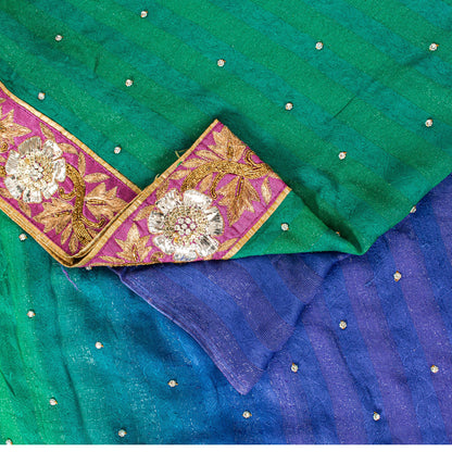 Sanskriti Vintage Green-Blue Saree With Blouse Pc 100% Pure Silk Sarees Hand Beaded Zari Sequins 5.5+D Craft Fabric Home Decor, Upcycled