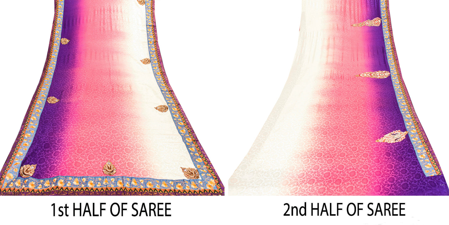 Sanskriti Vintage Sarees With Blouse Piece 100% Pure Silk Multicolor Saree Embroidered Zardozi Dabka, Glass Beaded Woven 5.5+Yd Fabric
