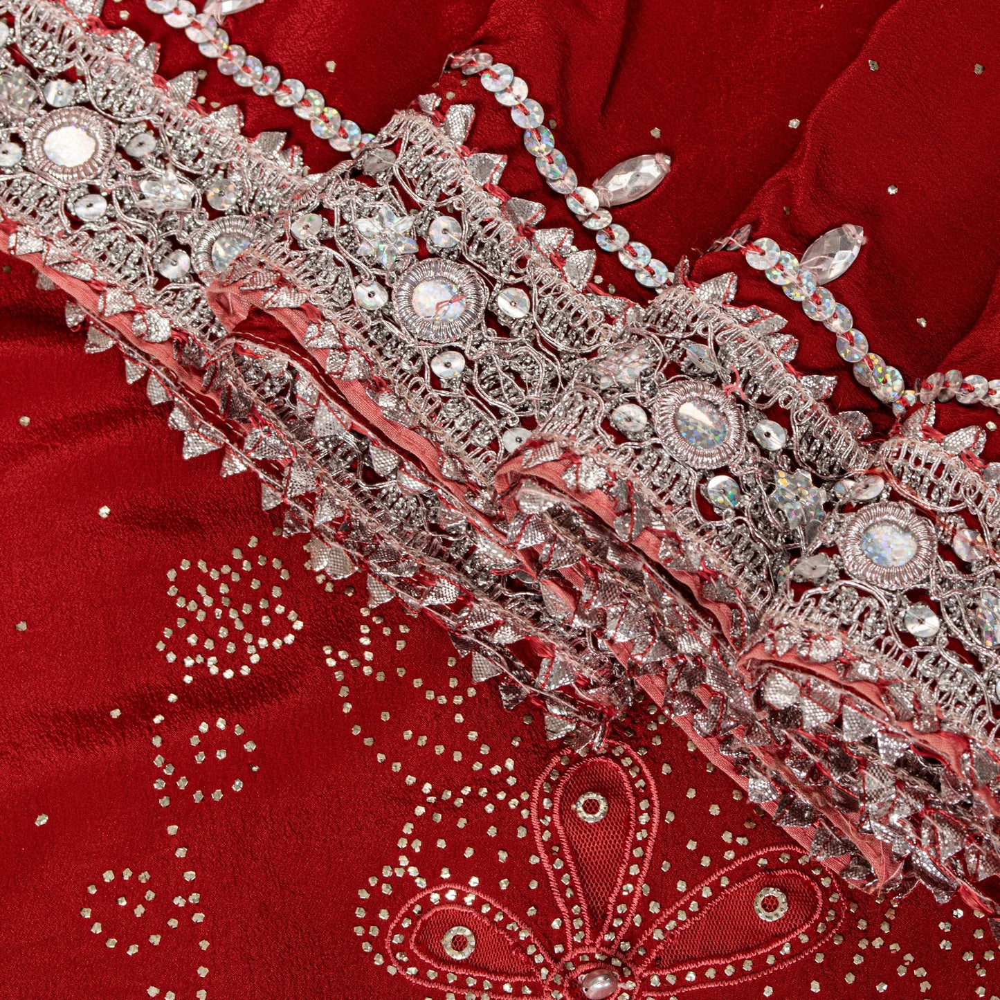 Sanskriti Vintage Red Pure Crepe Saree Hand Beaded Mukaish Work Bollywod 5.5+YD