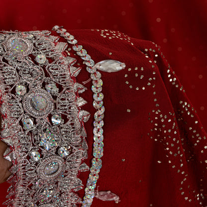 Sanskriti Vintage Red Pure Crepe Saree Hand Beaded Mukaish Work Bollywod 5.5+YD