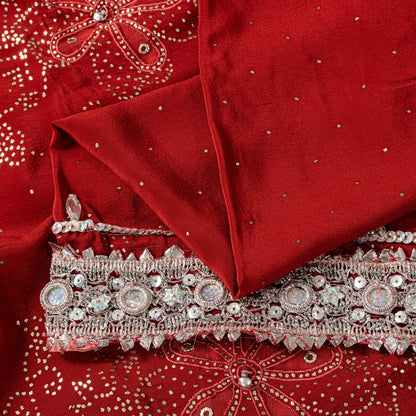 Sanskriti Vintage Red Pure Crepe Saree Hand Beaded Mukaish Work Bollywod 5.5+YD