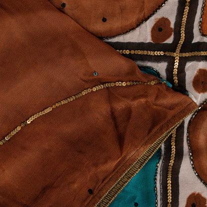 Sanskriti Vintage Brown Pure Georgette Silk Saree Hand Bead Print Sari 6YD Craft