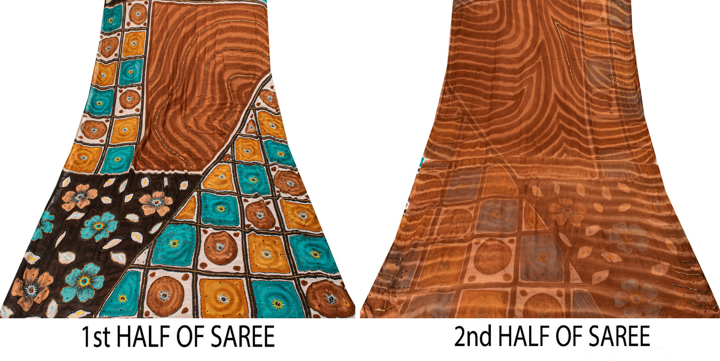 Sanskriti Vintage Brown Pure Georgette Silk Saree Hand Bead Print Sari 6YD Craft