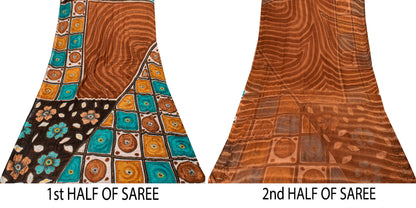 Sanskriti Vintage Brown Pure Georgette Silk Saree Hand Bead Print Sari 6YD Craft