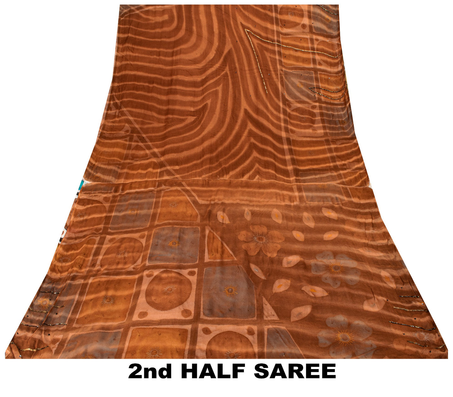 Sanskriti Vintage Brown Pure Georgette Silk Saree Hand Bead Print Sari 6YD Craft