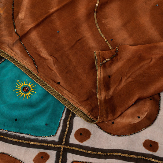 Sanskriti Vintage Brown Pure Georgette Silk Saree Hand Bead Print Sari 6YD Craft