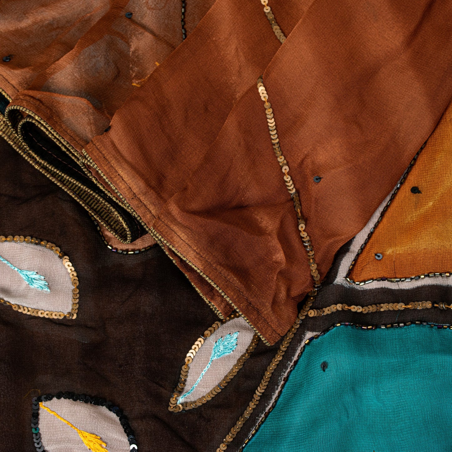 Sanskriti Vintage Brown Pure Georgette Silk Saree Hand Bead Print Sari 6YD Craft